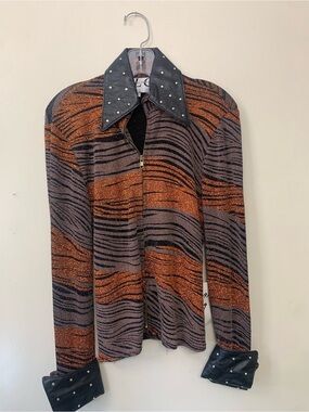 Men's Metallic Stripe Zip-Front Shirt with Studded Collar - Orange/Gray